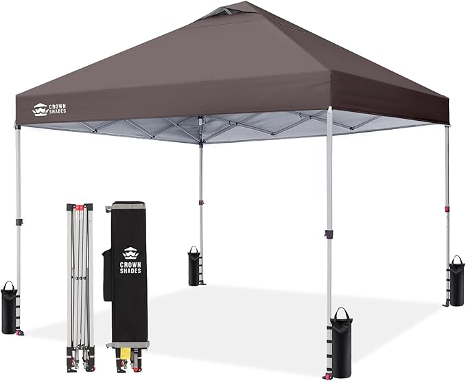 CROWN SHADES 10x10 Pop Up Canopy - Beach Tent with One Push Setup - Outdoor Sun Shade for Events, Parties, Camping - Gazebo with STO-N-Go Cover Bag, Silver Coated Top, 3 Height& 4 Sand Bags, Coffee