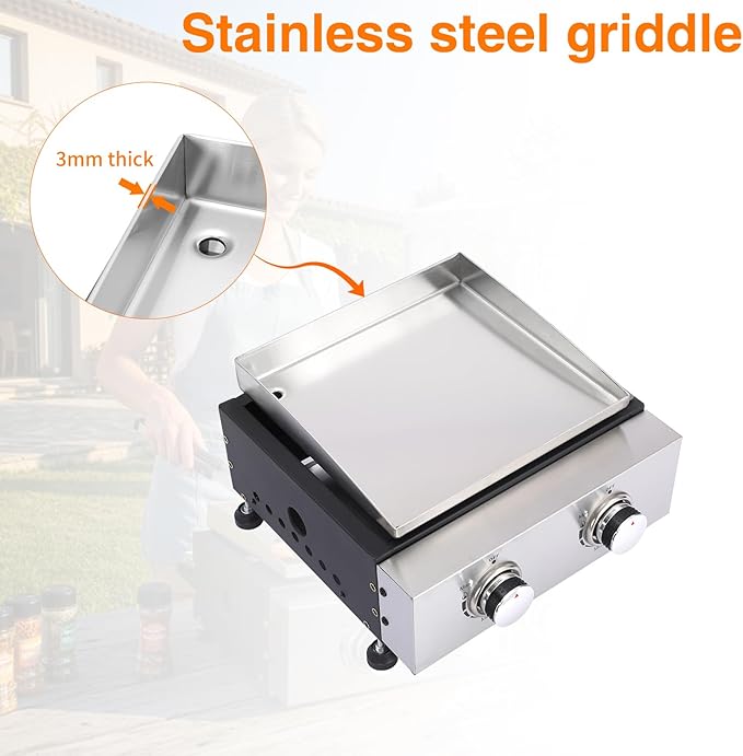 Portable Tabletop Gas Griddle Grill with Stainless Steel Griddle, Includes Dust Cover & Regulator, Perfect for Camping & Tailgating (2-Burner)