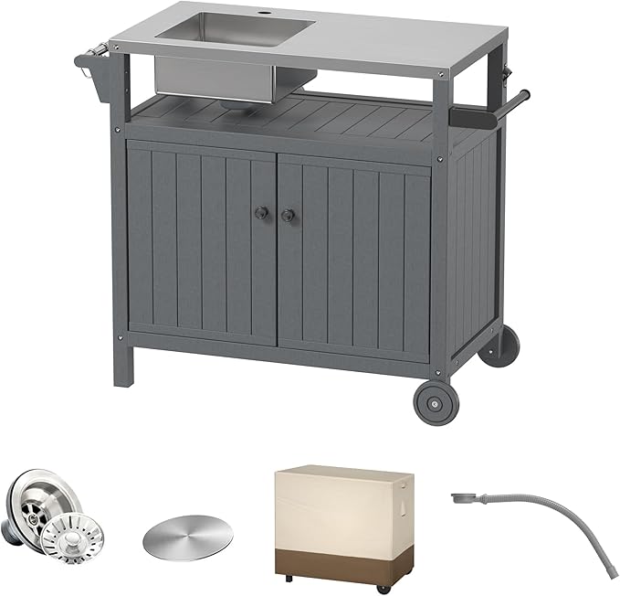 TORVA All in One Outdoor Grill Cart with Sink,Cabinet and Cover, 42 inch Freestanding Modular Kitchen Sink Station in 304 Stainless Steel&HDPE, All Weather Use BBQ Table, Grey