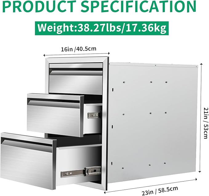 Outdoor Kitchen Drawers 16" W x 21" H x 23" D Stainless Steel Triple Drawers with Hidden Handle for BBQ Island, Patio Grill Station & Outdoor Kitchen Cabinets