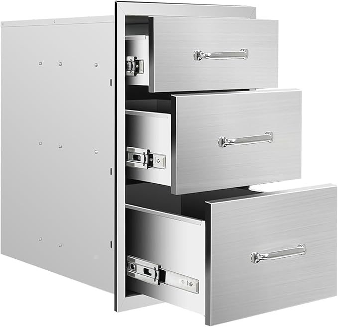 Outdoor Kitchen Drawers 14"Wx21"Hx23"D Flush Mount Access 3-Drawer BBQ Stainless Steel Drawers with Handle for Outdoor Kitchen Island or Grill Station