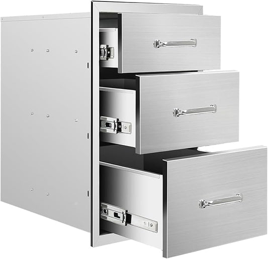 Outdoor Kitchen Drawers 14"Wx21"Hx23"D Flush Mount Access 3-Drawer BBQ Stainless Steel Drawers with Handle for Outdoor Kitchen Island or Grill Station