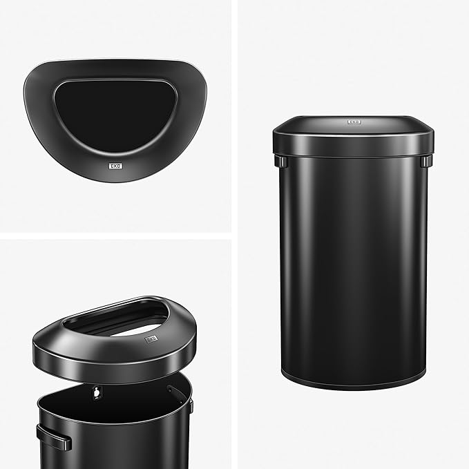 EKO Urban 16 Gallon Semi-Round Open Top Waste Bin, Stainless Steel Half Round Commercial Trash Can for Indoor and Outdoor, Extra Large Garbage Bin for Home, Office, Restaurant, 60L, Matte Black