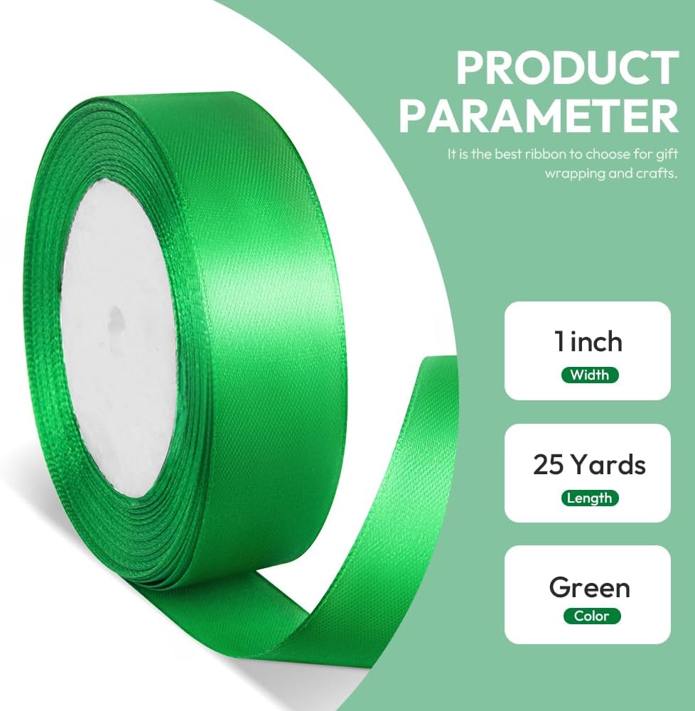 1" x 25 Yards Satin Ribbon, Green Silk Ribbon Ideal for Gift Wrapping, Floral Bouquets, Crafts, Wedding Party Decorations, Christmas and Sewing Projects