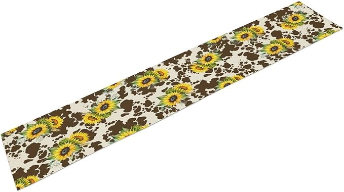 Cow Print Table Runner, Brown Sunflower Cow Print Animal Fur Skin Rustic Cowhide Pattern Table Runner for Kitchen Farmhouse Dining Home Outdoor 13x36in