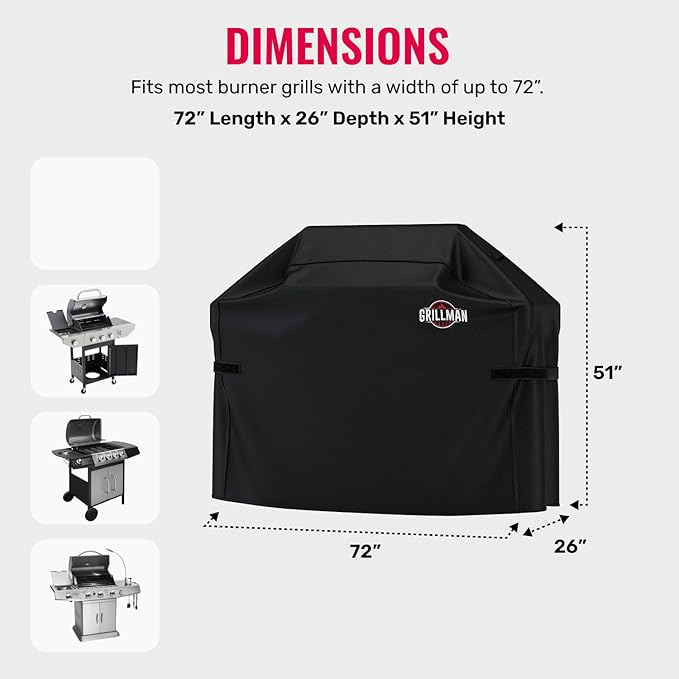 Grillman Grill Cover, BBQ Outdoor Grill Covers, Charcoal, Gas Grills, Waterproof, Rip-Proof, Weather-Resistant, Anti-UV, Barbecue Cover for Weber, Genesis, Charbroil, Nexgrill, etc (Black, 72 Inch)