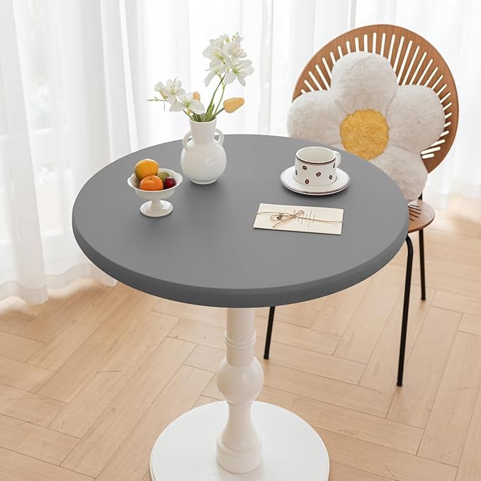 Round Fitted PU Tablecloth with High Elastic Edge 28 Inch Dia Waterproof Oil Proof Table Cloth Anti-Scald Stain-Resistant Wipeable Table Cover for Indoor Outdoor Picnic (Light Grey,28" Dia)
