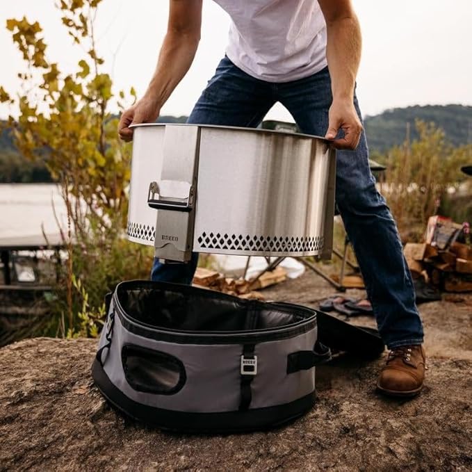 Breeo Smokeless Fire Pit to-Go Bundle (Y Series Stainless Steel, Outpost Grill & to Go Case) | 21 inch Smokeless Firepit for Outside | Ideal for Families, Gifts for Dad