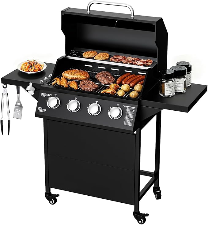 4-Burner Propane Gas BBQ Grill, 40,000 BTU Output Stainless Steel Barbecue Grill with Side Tables & Wheels for Backyard,Camping and Outdoor Cooking (Black)