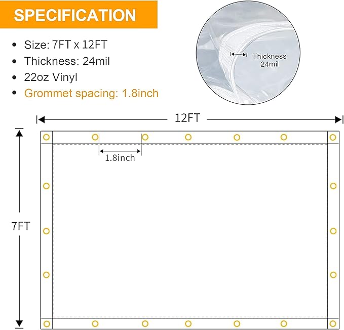 7 x 12FT Outdoor Clear Tarp Curtain Waterproof Wind-Proof 24 Mil Transparent Vinyl Tarp for Patio Pergola Garden Canopy Rainproof Anti-Tear PVC Thick Cover with Grommets
