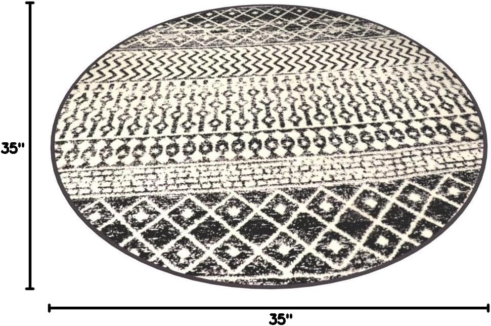 Moroccan Round Rug 3ft, Black Distressed Entryway Rug Non-Slip Circle Rug, Washable Non-Shedding Throw Rugs Indoor Door Mat for Bedroom Bathroom Kitchen Laundry Room Nursery