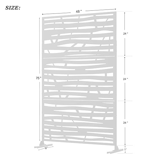 Casaphoria 72" H x 47" W Metal Outdoor Privacy Screen, Freestanding Decorative Divider for Patio, Deck, Balcony, and Garden with Stable Base, White Jungle