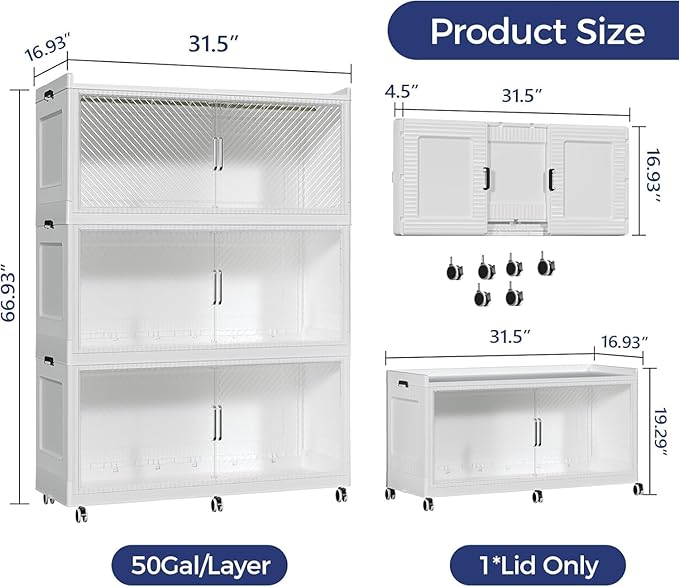 150GAL Extra Large Storage Bins with Lid, 600QT Collapsible Organizer with Wheels, Stackable Closet Cabinet with Doors, Folding Storage Containers for Home, Office, Kitchen, 3Pack White