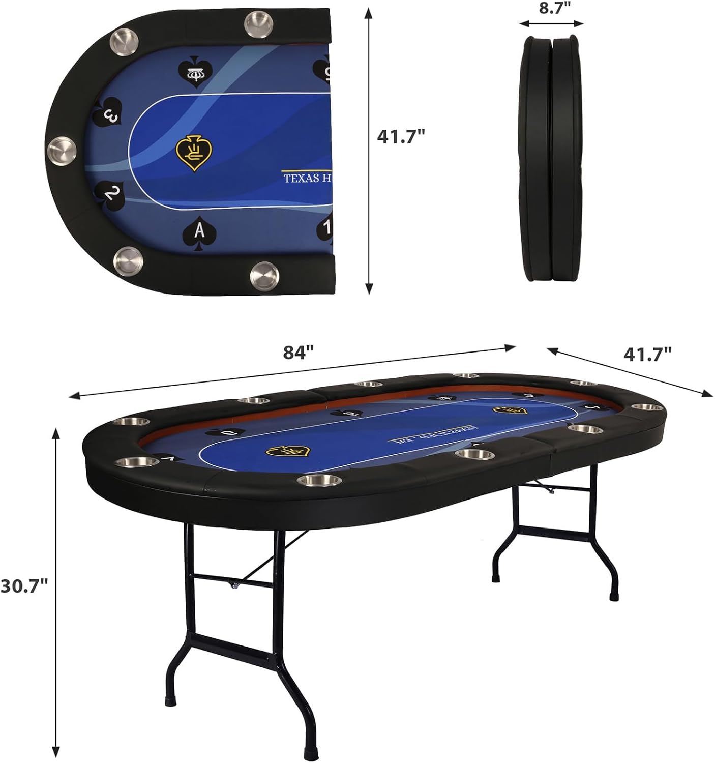 Upgrade Foldable Poker Table for 10 Players - Texas Holdem & Blackjack Board Game Table - Large Casino Table with 10 Stainless Steel Cup Holders & Padded Rails - Perfect for Texas Casino Leisure Game