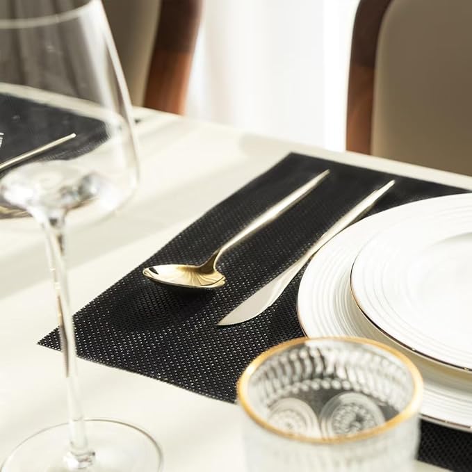 Placemats Set of 8 Vinyl/Plastic Woven Place Mats for Kitchen Table Indoor/Outdoor Washable Placemat Wipeable Dining Table Mats (Full Black,8)