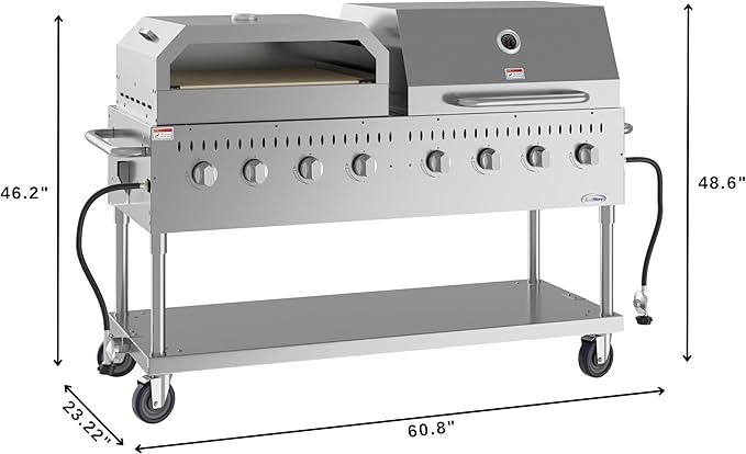 60 in. 8-Burner Commercial Outdoor Propane Gas Grill With 30 in. Roll Dome Cover and 30 in. Pizza Oven in Stainless-Steel, ETL Listed (CGKIT6-D30P30)
