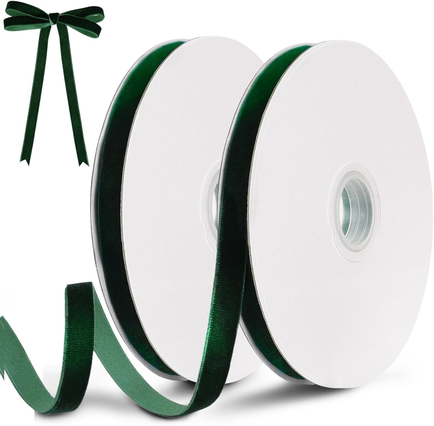 Dark Green Velvet Ribbon, 0.39 Inch x 20 Yards Single Faced Green Ribbon for Gift Wrapping, Bow Making, Christmas Tree Decorations, Wreath Making and DIY Crafts (10 Yards Each Roll)