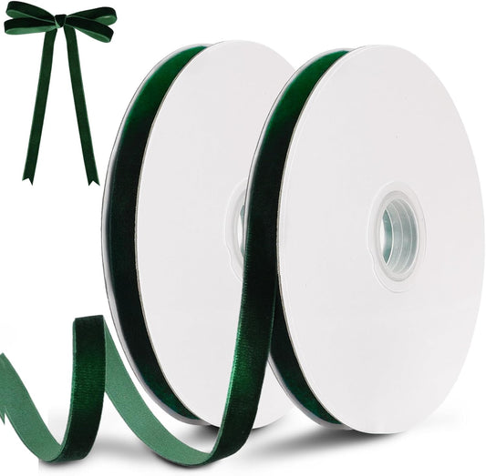 Dark Green Velvet Ribbon, 0.39 Inch x 20 Yards Single Faced Green Ribbon for Gift Wrapping, Bow Making, Christmas Tree Decorations, Wreath Making and DIY Crafts (10 Yards Each Roll)