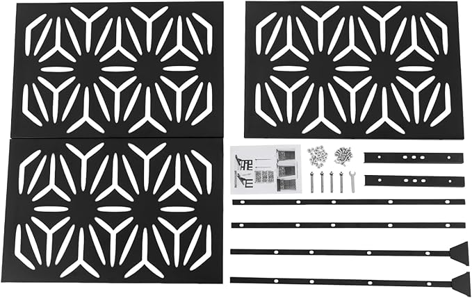 75" H×35" W Decorative Outdoor Privacy Screen with Stand, Outdoor Decor Privacy Fence Screen Metal Fence Panels, Free Standing Metal Divider for Patio Lawn Deck (Black-Flower)