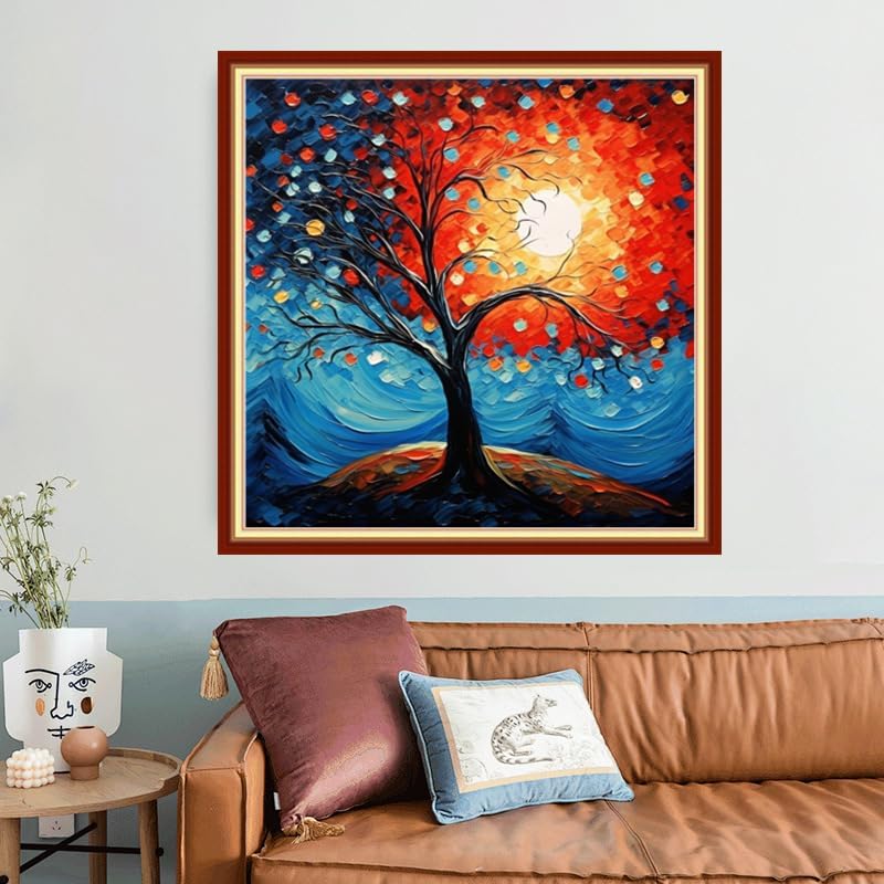 Joyhoor Stamped Cross Stitch Kits for Beginners, Needlepoint Kits for Adults, 11CT Counted Embroidery Kits-Moonlight Tree 18x18 inchs