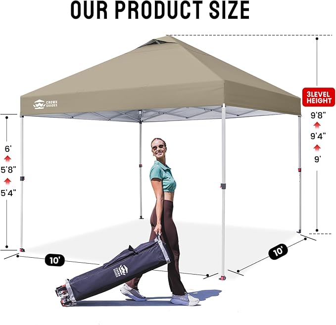 CROWN SHADES 10x10 Pop Up Canopy, Patented Center Lock One Push Tent Canopy, Newly Designed Storage Bag, 8 Stakes, 4 Ropes, Beige