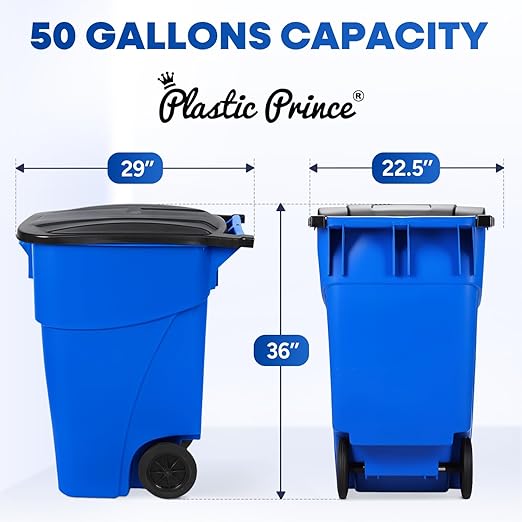 50 Gallon Trash Can with Lid Rollout Recycling Bin Large Outdoor, Commercial Heavy-Duty Container with Wheels, Blue