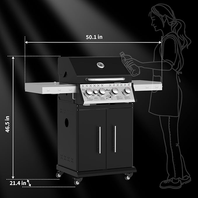 Propane Gas Grill, 4+1 Stainless Steel Barbecue Grill with Infrared Side Burner for Outdoor Cooking, Black