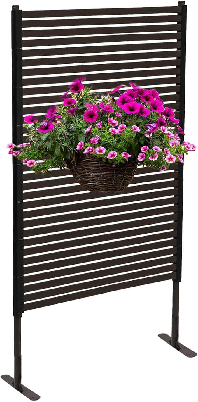 Outdoor Privacy Screens Freestanding, 35.5" W x 59" H Metal Slatted Decorative Privacy Screen and Panels with Stand, Brown Backyard Panels for Garden Patio