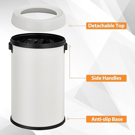 GarveeHome 17 gal/65 L Open Top Trash Can, Stainless Steel Rubbish Bin, Commercial Grade Waste Container, Round Garbage Can for Outdoor, Home Office, Restaurant, White