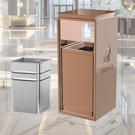 Commercial Trash Can - 42L Heavy Duty Stainless Steel Garbage Bin with Lid & Liner, Fingerprint-Resistant Indoor Outdoor Waste Container for Restaurant,Hotel,Shopping mall,13"x13"x30"