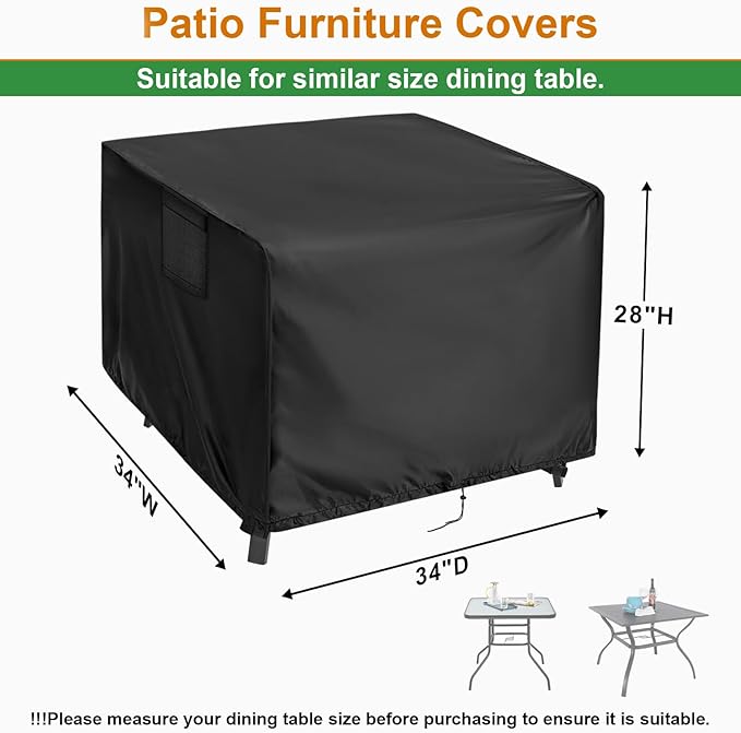 Outdoor Table Cover Square 34 inch Patio Table Cover Waterproof Patio Furniture Covers Rectangular for Outside Small Table and Chair Sets, Fire Pit, Coffee Table, Ottoman-34"L x 34"W x 28"H