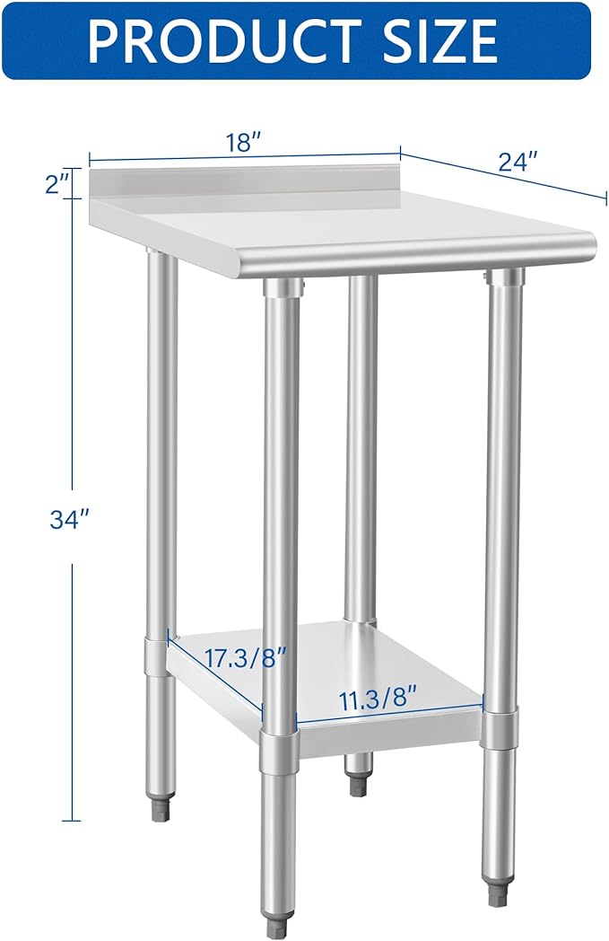 HARDURA Stainless Steel Commercial Work Table Prep Work Metal Table 24×18 Inches with Undershelf and 2" Backsplash Heavy Duty NSF 430 for Kitchen Food Prep