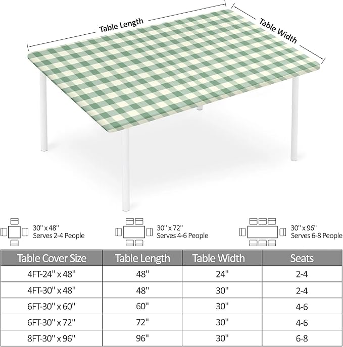 Rectangle Table Cloth Cover Waterproof Elastic Fitted Polyester Fitted Tablecloths for 6 Foot Tables for Indoor,Picnic, Camping, Outdoor （72" x 30"，Green Grid）
