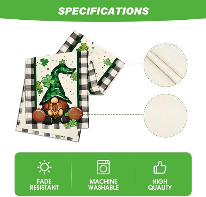 Artoid Mode Buffalo Plaid Shamrock Gnome St. Patrick's Day Table Runner, Seasonal Spring Holiday Kitchen Dining Table Decoration for Indoor Outdoor Home Party Decor 13 x 48 Inch