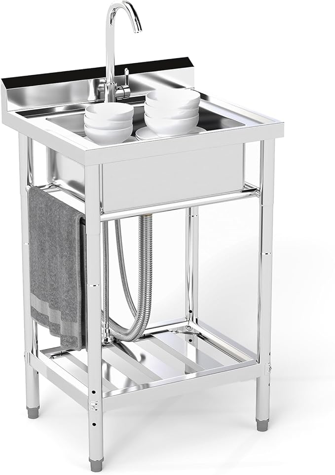 Stainless Steel Utility Sink, 22'' Free Standing Single Bowl Kitchen Sink with Cold and Hot Water Pipe, Indoor and Outdoor for Laundry Room Farmhouse Kitchen(22 inch)