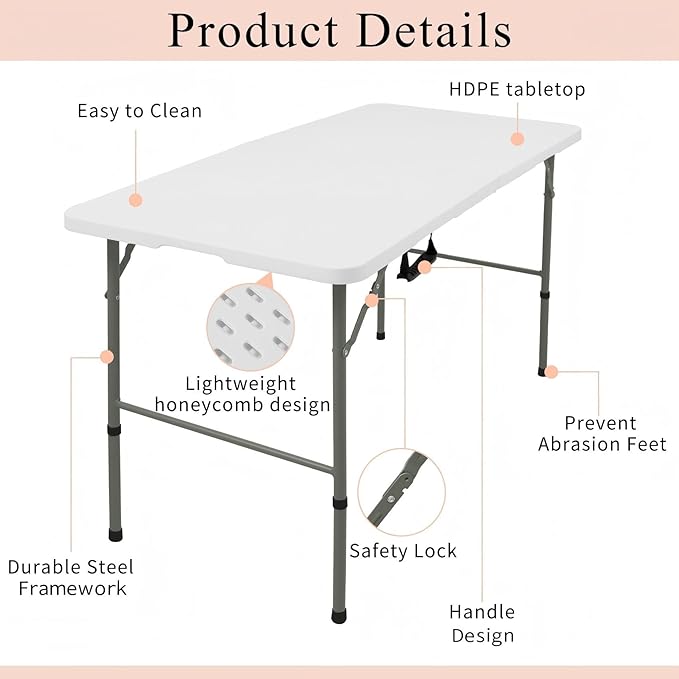 Folding Tables with Carrying Handle Lightweight Rectangular Portable Plastic Camping Table Steel Legs for Party, Dining, Wedding, Events, Picnic Indoor, Outdoor (1, White, 4 FT)