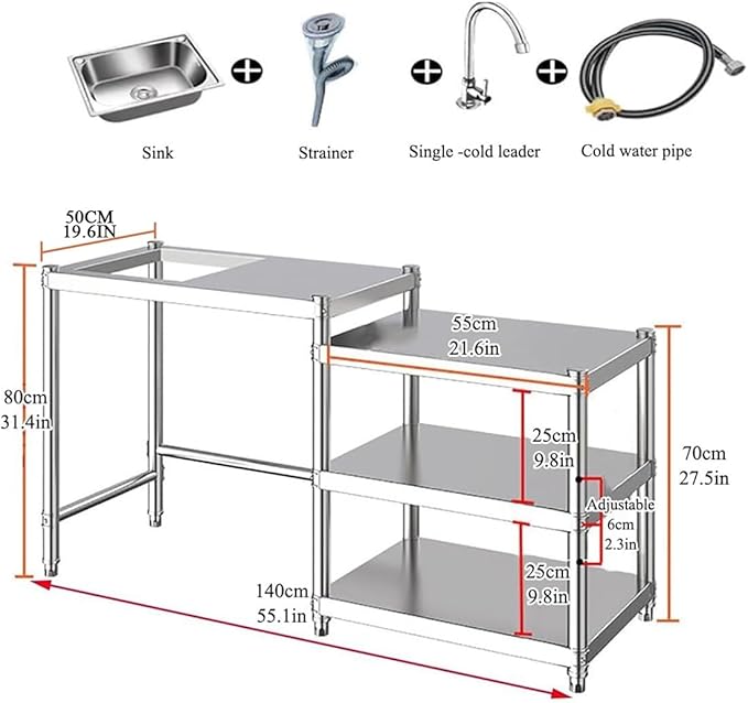 Free Standing Utility Sink, Stainless Steel Kitchen Baker Rack Shelf, Single Bowl Washing Hand Basin Station with Workbench, Fish Cleaning Table &Storage Shelves for Laundry Room, Garage,Outdoor
