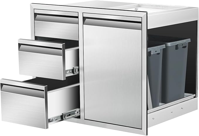 Outdoor Kitchen Door Drawer Combo Cabinet 28" W x 22" H x 19.5" D Stainless Steel Built-in Triple Drawers&Right Trash Drawer Combo Cabinet for Outdoor Kitchen Island, Patio Grill Station