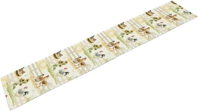 Farmhouse Rooster Table Runner, Sunflower Rooster Retro Farmhouse Sun Country Wooden Fence Chicken Coffee Table Center Decor for Home Kitchen Dining Patio Holiday Party Table Decorations 13"x36"