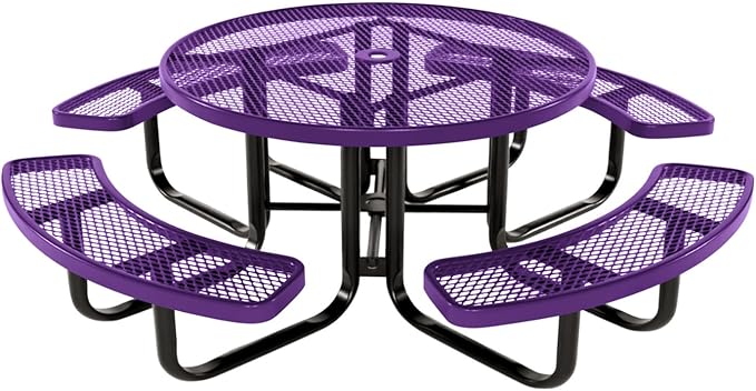 COATEDOUTDOORFURNITURE Heavy-Duty Portable Outdoor Kids Table with Umbrella Hole, Expanded Metal Kids Picnic Table, Commercial-Grade, Made in America (46 in, Round, Childrens, Purple)
