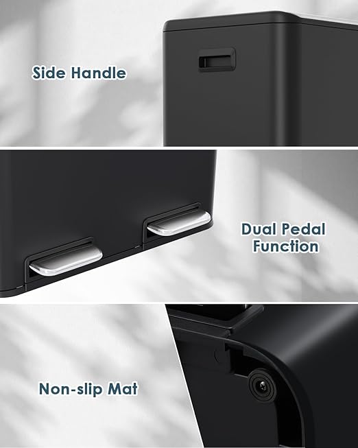 Arlopu 16Gal Dual Trash Can w/2 Built-in Box for Odor Control, Hands-Free Kitchen Garbage Bin, Recycle Waste Dustbin, Soft-Close Lid, 2 Buckets,Foot Pedal, Side Handle, Airtight,for Home (Black)