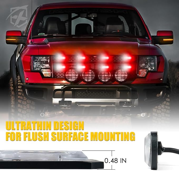 Xprite White Red LED Surface Mount Strobe Lights Kit, w/Control Panel Emergency Safety Warning Flashing Grille Cop Marker Light Assembly for Vehicles Trucks ATV UTV Motorcycle 8PCS
