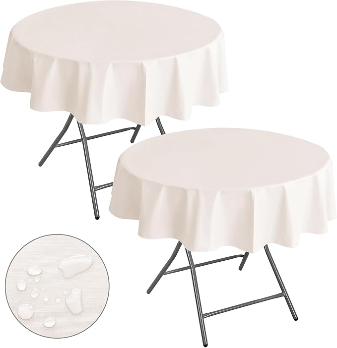 Nasitos 2 Pack Round Tablecloth 60 Inch-Beige 100% Waterproof Spillproof Wrinkle Free Plastic Disposable Vinyl Table Cloth for BBQ, Party, Fine Dining, Wedding, Communion, Baptism Decorations
