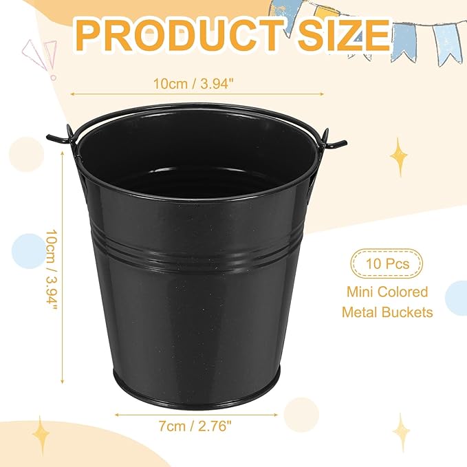 Small Metal Buckets, Mini Buckets with Handle Galvanized Colored Tin Pail Containers Basket Party Supplies - Fit for (Halloween - Classroom Crafts) 4" & 10Pcs & Black