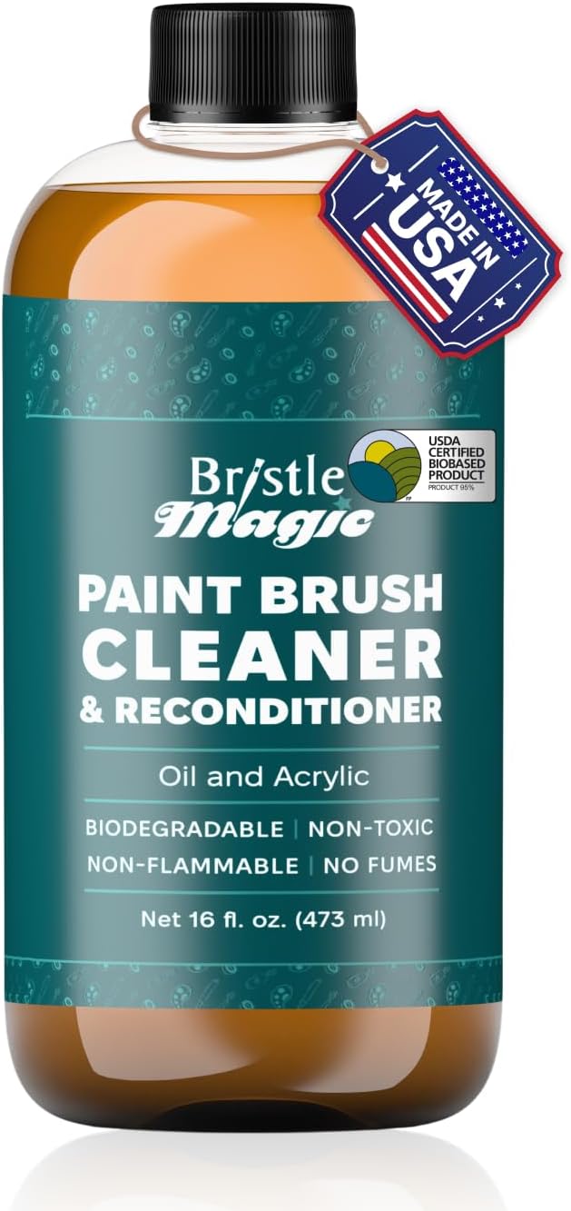 Oil Paint Brush Cleaner and Restorer-Paintbrush Cleaner for Acrylic, Oil, and Glass Paints-Biodegradable, Non-Toxic, Odorless, Eco-Friendly, Quick-Clean Formula Paint Remover (16 Fl Oz)