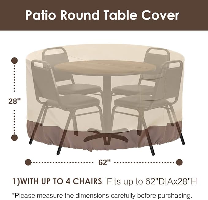 Vailge Round Patio Furniture Covers, 100% Waterproof Outdoor Table Chair Set Covers, Anti-Fading Cover for Outdoor Furniture Set, UV Resistant (Beige&brown, 62"DIAx28"H)