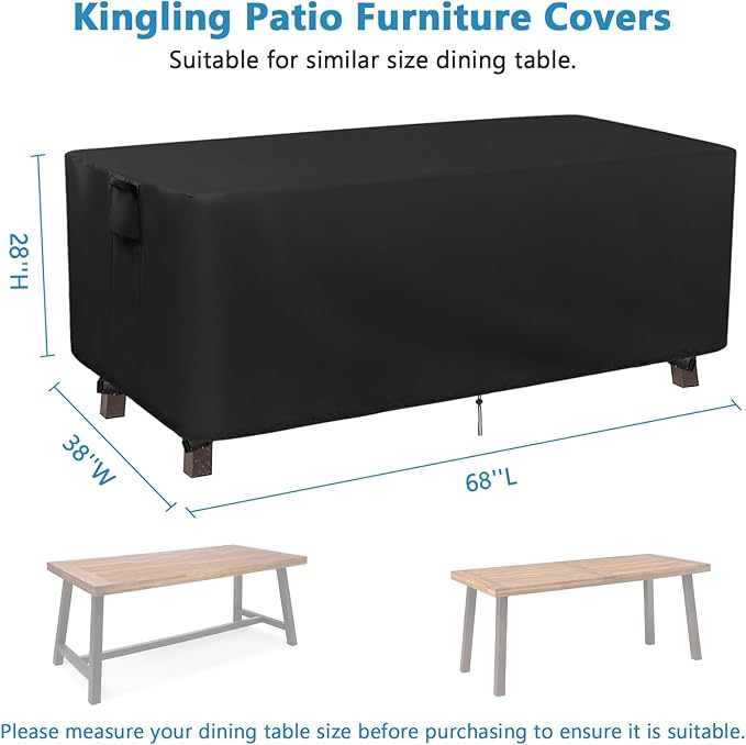 Kingling Patio Table Covers, Rectangular Outdoor Dining Table Cover 68 inch Outdoor Coffee Table Covers Waterproof Heavy Duty Patio Furniture Covers for Outdoor- 68''L x 38''W x 28''H Inch (Black)