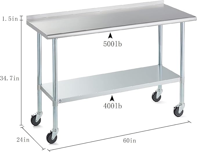 Stainless Steel Table for Prep & Work with Caster & Backsplash 24x60 Inches, NSF Metal Commercial Kitchen Heavy Duty Table with Adjustable Under Shelf and Table Foot for Restaurant, Home and Hotel
