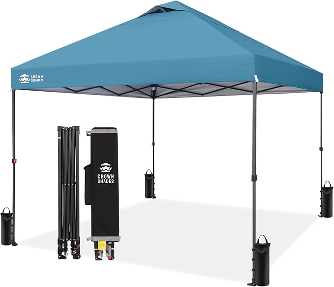 CROWN SHADES 10x10 Pop Up Canopy Tent - Patented Center Lock One Push Instant Outdoor Canopy Beach Tent with STO-N-Go Bag 8 Stakes & 4 Sand Bags，Cyan Blue