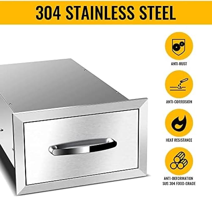 BBQ Outdoor Kitchen Drawers Stainless Steel 3-Drawer BBQ Drawer Enclosed Built-in Drawer Flush Mount for Outdoor Kitchens & BBQ Islands,14Wx23Dx8.5H